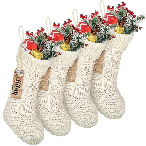 Cozypower Weihnachtsstrümpfe mit Namensschild, 45,7 cm, große Zopfstrickstrümpfe, Weihnachtsstrumpf, Kamin, hängende Strumpf, Geschenktüten für Kamin, Weihnachtsbaumschmuck, Weiß, 4 Stück