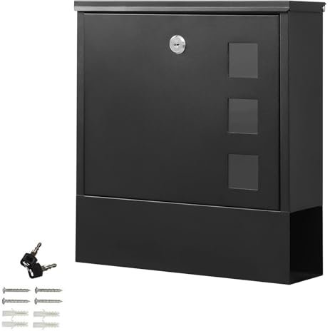 LYUCAYHQ Cassetta Postale con Serratura, Cassetta della Posta da Parete con Serratura a Chiave e Scomparto per Giornali, 30 * 36 * 9,5 Cm(Black)