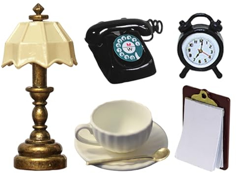7-Teiliges Mini-Ornament-Set, Puppenhaus-Zubehör, DIY-Puppenhaus-Dekoration, Mini-Schreibtafel, Schreibtischlampe, Geschirr, Telefonwecker