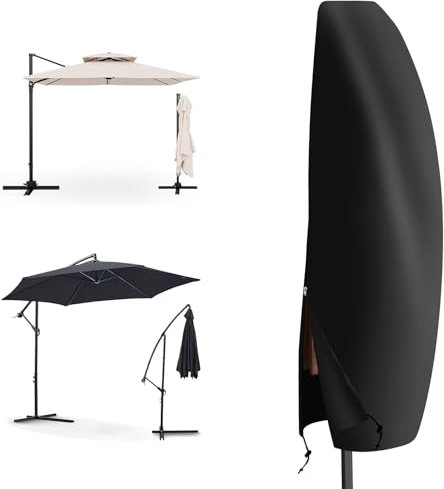 PATIO PLUS Housse de protection pour parasol déporté de jardin, tissu Oxford 600D imperméable, revêtement durable doublé en PVC, avec cordon de serrage réglable et fermeture éclair (noir, 265 x 40/70