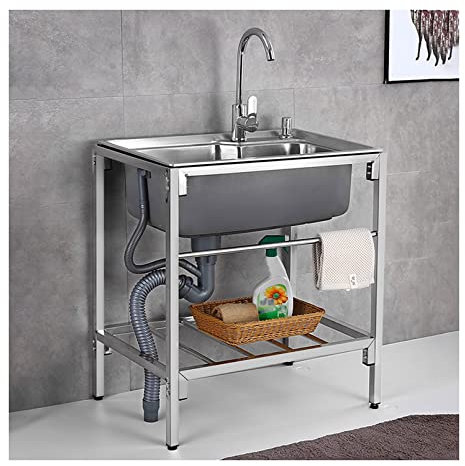 Stainless Steel Freestanding Utility Sink with Storage Shelf for Laundry Room/Garage Single Bowl Slop Sink Wash Station (28x18.5x29.5inch)