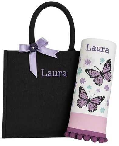 AmiAmarena Borsa In Juta e Telo Mare Ricamate. Borsa e telo personalizzate. Set spiaggia idea regalo maestre, compleanno, festa della mamma (Black Farfalla, 42x33)
