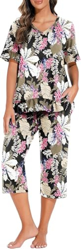 PrinStory Pyjamas för kvinnor, kortärmad T-shirt och Capribyxor, V-ringning, set med fickor, L