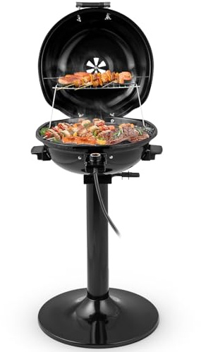 CHEFJOY 1600W Electric Grill Outdoor, 15-Serving Freestanding Camping Grill with Warming Rack, Removable Oil Drip Tray, Adjustable Temperature Control, Portable BBQ Grill for Patio, Backyard (Black)