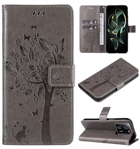 Fatcatparadise Kompatibel mit Xiaomi 13T/13T Pro/Redmi K60 Ultra Core Hülle, Prägung Muster Schutzhülle PU Leder Handyhülle Wallet Case Klappbar Flip Hülle Brieftasche Ledertasche(Grau)