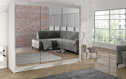 Easy4You White Series Full Mirror 200 cm Sliding Door Wardrobe Widths 100/120/150/180/200 cm Furniture for Bedroom Living Room Wardrobe with Hanging Rail