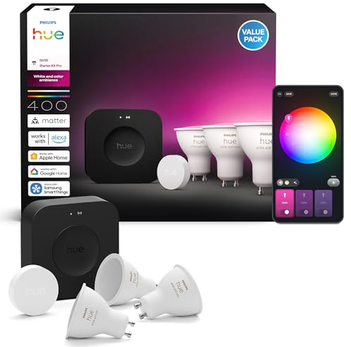 Philips Hue Starter Kit Bridge Pro + 3 GU10 Smarte LED Glühbirnen + Smart Button, White and Color Ambiance, Smart Light Hub, Lichtsteuerung kompatibel mit diversen Smart Home Assistenten | Starter Kit, Weiß und Farbe Ambiente, Smart LED Light Hub, 16 Millionen Farben, dimmbar, Bluetooth-Steuerung, Smart Home