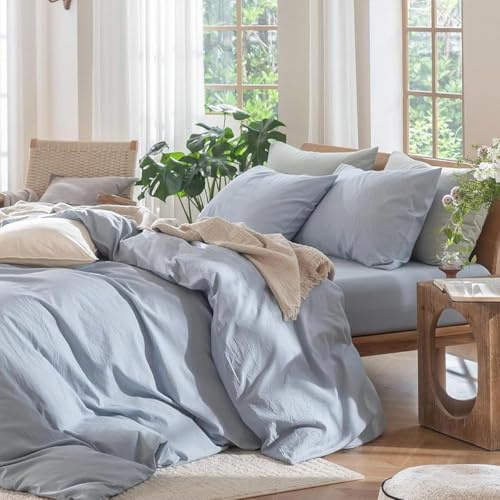 Lanqinglv Blau Bettwäsche 135x200 Baumwolle,Stone Washed,Renforce | ÖKO-TEX Zertifiziert,Leinenoptik Bettwäsche Allergiker,4 Jahreszeiten Set,Bettbezug 1 Kissenbezüge 80x80 mit Reißverschluss