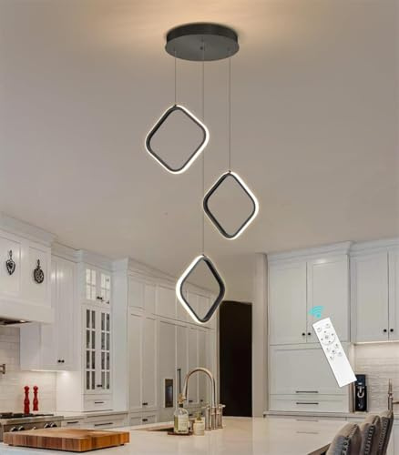 JINWELL Pendelleuchte LED Geometrie Moderne Hängeleuchte Dimmbar Treppenhaus Esstisch Aluminium Höhenverstellbar Acryl Hängelampe For Wohnzimmerlampe Schlafzimmer Esszimmer Lampen(Schwarz,3 rings)