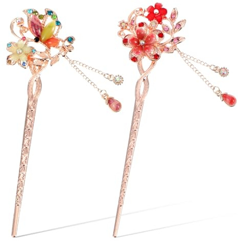 XLIUAX 2 piezas Vintage Hair Stick, horquilla china con borla de ópalo flor de pelo palillos de diamantes de imitación con flores para mujeres niñas accesorios
