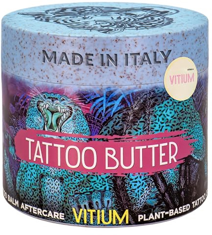 VITIUM Tattoo Butter 100ml, Vegan Tattoo Aftercare Balm for New & Healed Tattoos, Professional-Grade Organic Plant Based Moisturiser, Non Greasy Colour Care, Made in Italy