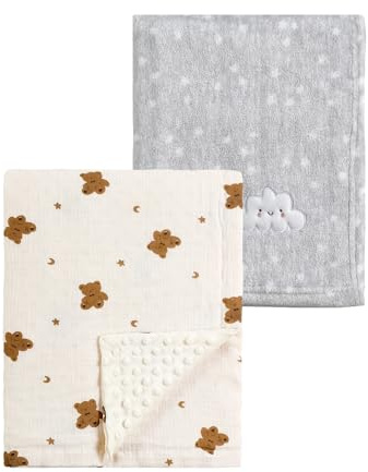 CREVENT 2 stycken 75 x 100 cm mysig mjuk varm babyfilt för spädbarn och småbarn barnsäng sängvagn – grått moln + muslinbjörn