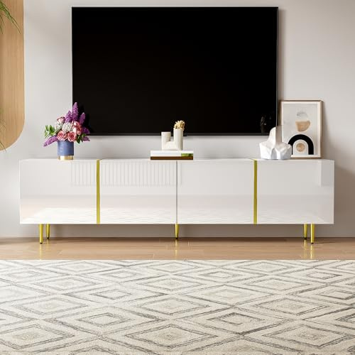 Raeln Meuble TV Blanc 170 cm Brillant avec 4 Portes charnières Soft Close et détails Or Support écran laqué Banc télévision pour Meuble de Salon Buffet Bas approprié pour séjour
