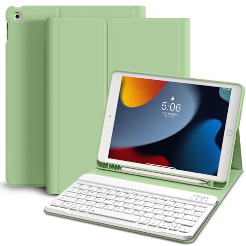 KVTVOU Funda con teclado para iPad 9, 8ª y 7ª generación, 10,2 pulgadas, recargable, extraíble, teclado negro OWERTZ HB-NEW (verde matcha)