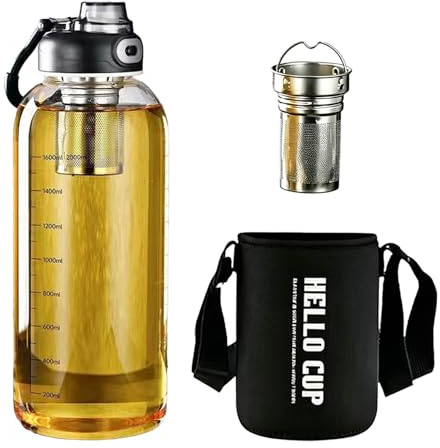 Trinkflasche Glas Flasche Mit Teesieb, Tragbarkeit Glasflasche Mit Schutzhülle Auslaufsicher, mit Skala auf Dem Flaschenkörper, 360°Auslaufsicher, die Beste Wahl für Teeliebhaber (2.0, Liter)