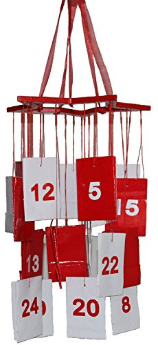 Adventskalender Mobile Holzstern mit 24 Geschenktüten rot weiss zum Befüllen