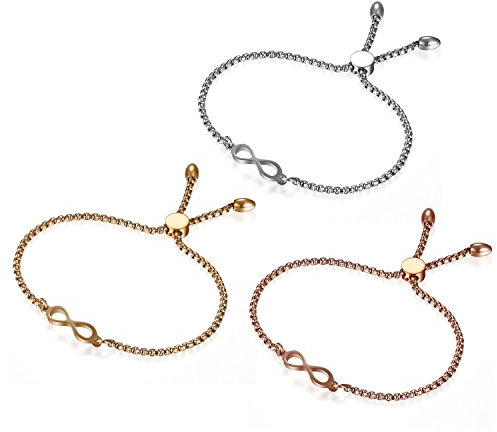Flongo Armband Freundschaftsarmbänder BFF Ketten für 3, Edelstahl Armreif Armkette Geschwister Kette Silber Rose Gold Infinity Unendlichkeit Zeichen Symbol