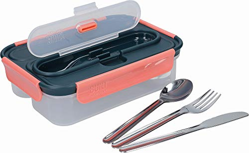 Built Bento Leakproof Lunch Box with Stainless Steel Cutlery, Plastic, Green/Pink, 23.5 x 17 x 6.5 cm