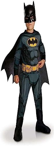 RUBIE'S Officiell DC BATMAN, klassisk barndräkt, storlek 9–10 år, utklädnad med tryckt jumpsuit, bälte, stövelöverdrag, avtagbar cape och mask, halloween, karneval
