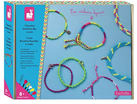 Janod - Set zum Erstellen von 7 Freundschaftsarmbändern in Neonfarben - Les Ateliers Bijoux - Set für kreative Freizeitbeschäftigungen für Kinder - Feinmotorik und Kreativität - Ab 8 Jahren, J07929