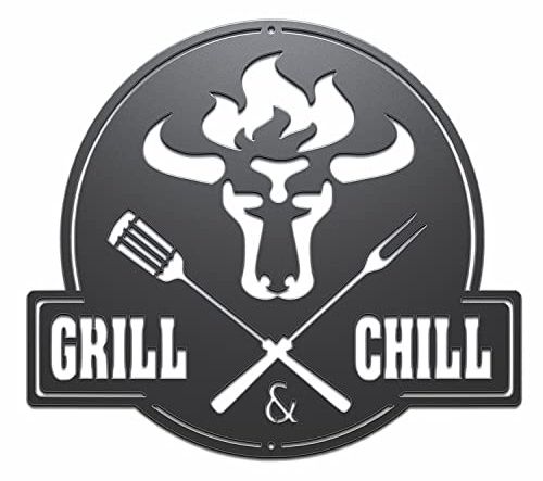 tuning-art GC02 Grill Schild | Bulle + Grill & Chill Gartenschild | Stahl Massiv | Schwarz