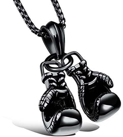 CHUANGOU Pendentif Collier Gant de Boxe Pendentif Gant de Boxe Collier en Acier Inoxydable avec Chaîne, (Noir)