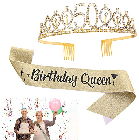 Abeillo 50 Jahre Geburtstag Krone, Birthday Queen Sash mit Kristall Strass Krone, Dekoration Geschenk für 50 Jahre Geburtstag Damen