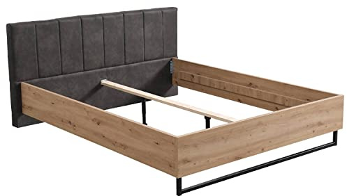 Homestyle4u 2153, Holzbett 180 x 200 Doppelbett Grau Holz Eiche Massiv Bett 180x200 Metall Schwarz Modern