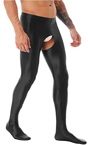 CHICTRY Mens Oil Glossy Shiny Pantyhose Tights Nylon Stockings Hosiery Hollowed Out Leggings Pants Black XL