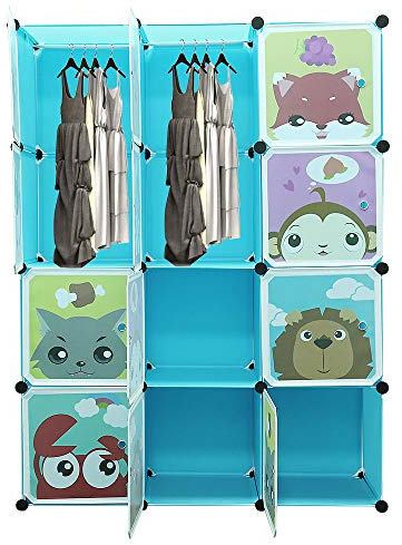 Kinderschrank mit 12 Würfeln, modularer Aufbewahrungsschrank mit Türen, Tiermotiven, Kunststoffregal für Spielzeug, Kleidung und Schultaschen (blau)