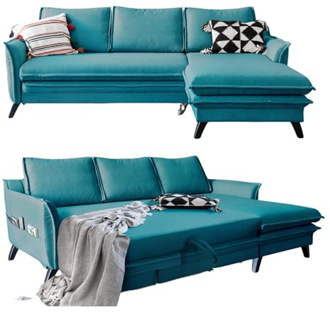MIUFORM Charming Charlie, 4er Ecksofa mit Schlaffunktion, Rechts, Türkis | Schlafsofa mit Bettkasten und Bettfunktion, 4 Sitzer Sofa L Form, 228x150x90cm, Couch mit Schlaffunktion, Sofa Bed Klappbar