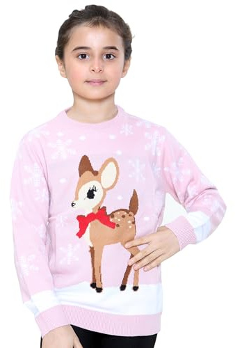 NOROZE Girls Christmas Jumper 3D Kids Bird Reindeer Retro Pullover Sweater, Christmas Sweater Girls (Reindeer Pink, 13 Years)