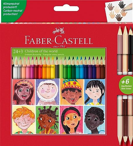 Faber-Castell 511515 - Buntstifte Set dreikant, 27-teilig, inkl. Bicolor Hautfarben, für Kinder und Erwachsene