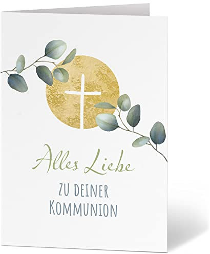 Einladungskarten Manufaktur Hamburg XXL Glückwunschkarte A4 zur Kommunion - große Karte mit Umschlag Kommunionskarte Grußkarte für Jungen und Mädchen Kreuz Edel Eukalyptus