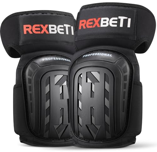 REXBETI Knee Pads for Work, Construction Knee Pads for Men, Heavy Duty Comfortable Anti-slip Foam Gel Knee Pads for Gardening Flooring and Cleaning, Strong Stretchable Straps, Black
