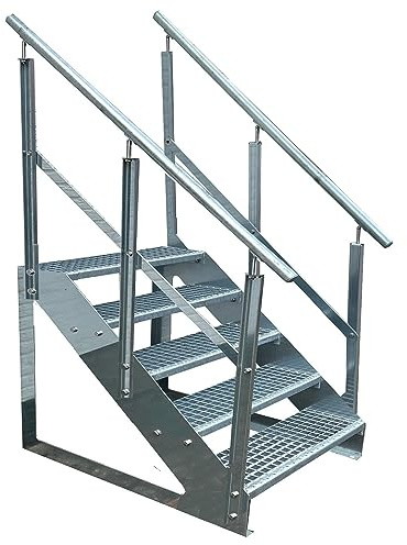 Kaminbau Mierzwa Premium Treppe Freistehend 5 Stufen beidseitigem Geländer (Breite 600 mm) (Höhe 95cm) Wetterfest Gitterroststufe Gartentreppe