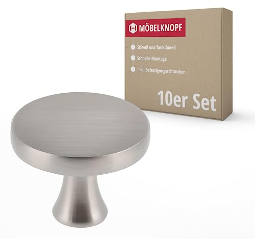 Gedotec Möbelknöpfe | Metall D: 33,5 mm I 10 Stück | Türknopf für Schränke - Edelstahl gebürstet inkl. Befestigungsmaterial I ELLIE I Knöpfe für Küchenschränke - moderner Stil - Möbelknopf Edelstahl