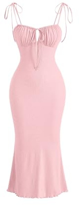Verdusa Women's Ruched Knot Front Tie Shoulder Sleeveless Fishtail Bodycon Cami Dress Light Pink M