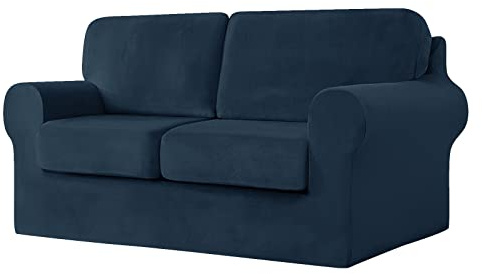 SYLC Sofa Cover with Separate Seat Cushions and Backrests Stretch Velvet Sofa Slipcover Couch Covers Furniture Protector Split Combined (Navy blue,2 Seat Set 5 PCS)