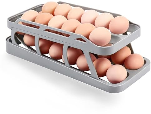 Mupopy Eierhalter Kühlschrank, Zweireihig Eier Aufbewahrung Kühlschrank, Doppelter Automatischer Eierhalter, Rolldown-Eier-Organizer, Platzsparende Eierbox für Küche (Gray)