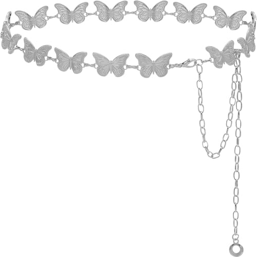 Liutufy Women's Waist Chain Belt - Adjustable Chain Belt for Jeans and Dresses (Silver Butterfly L）