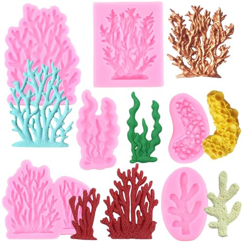 RFGHAC Sea Coral Silicone Mould Seaweed Fondant Mould for Cake Decorating Cupcake Topper Candy Chocolate Gum Paste Polymer Clay Set of 6