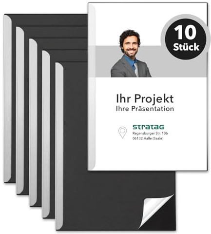STRATAG Klemmschienen-Set (10 Stück) mit transparentem Deckel aus PP Kunststoff sowie Binderücken aus stabilem 350 g/m² Karton (Klemmmappe A4 Schwarz)