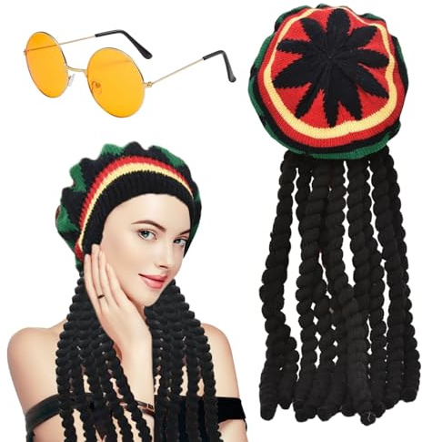EUPSIIU Strickmütze mit Dreadlocks Brille Mütze Rasta Dreadlocks, Jamaika-Mütze mit Dreadlocks, Schwarze Geflochtene Perückenkappe, für Karneval, Halloween, Fasching, Mottoparty