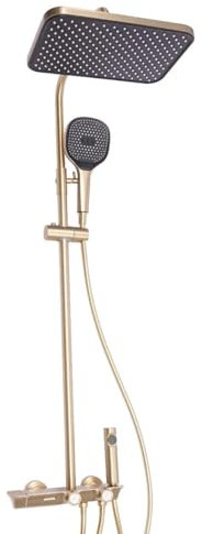 Duschsystem mit Thermostat, Duscharmatur Komplettset aus Messing mit Quadratisch Regendusche+Handbrause+Spritzpistole+Unterer Auslauf, 3 Strahlarten, Höhenverstellbar (Gold)