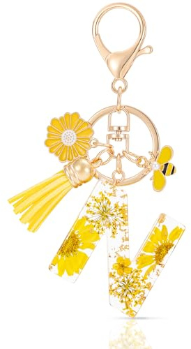 MWOOT Letter Keychain Initiale Schlüsselanhänger Buchstabe,Alphabet Harz Blume Key Chain mit Gänseblümchen Biene Quaste Anhänger Handtasche Geldbörse Charm,Gelb Blütenblatt Keyring für Frauen