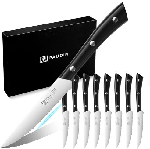 PAUDIN Steakmesser 8-teiliges Set hochwertiger deutscher Edelstahl Steak Messer Set ultrascharfe gezackte Klinge und ergonomischer Griff Tafelmesser mit Geschenkbox