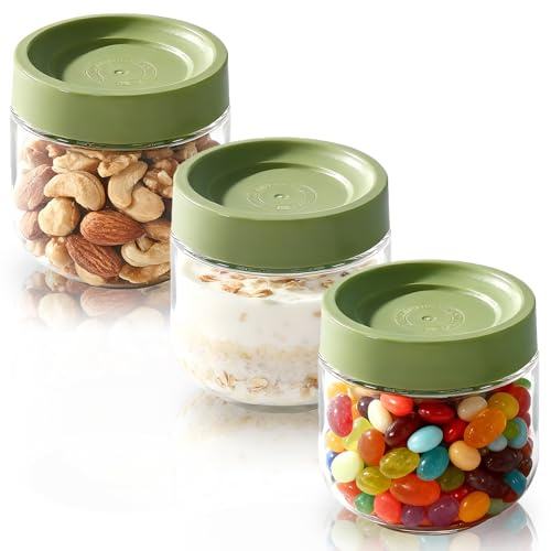 MEETOZ Glass Jars with Lids,Overnight Oats Containers with Screw Lid,Reusable Small Mason jars for Food Spice Fruit Sauce Cereal Snacks Storage (3 pack 10oz Green)