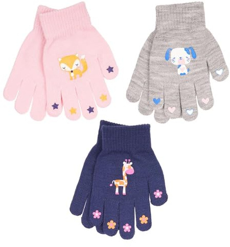 A2Z 4 Kids Girls Gloves 3 Pack Thermal Magic Gloves Winter Warm Soft Mittens Kids Animal Cartoon Motifs Full Fingers Stretchy Walking Riding Gloves One Size Fit Suitable for Age 5-13 Year