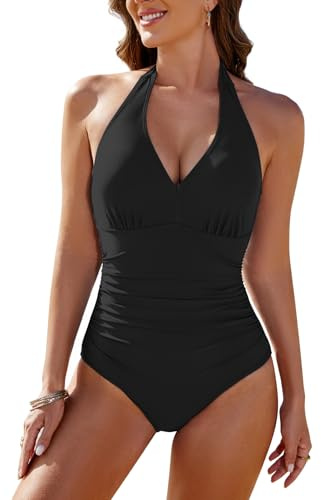CMTOP Costume Intero Donna Contenitivo Scollo a V Costume da Bagno Push Up Imbottito Reggiseno Costumi Interi Curvy, Controllo della Pancia Vita Alta Costumi Mare Elegante Swimsuit(Nero,XXL)
